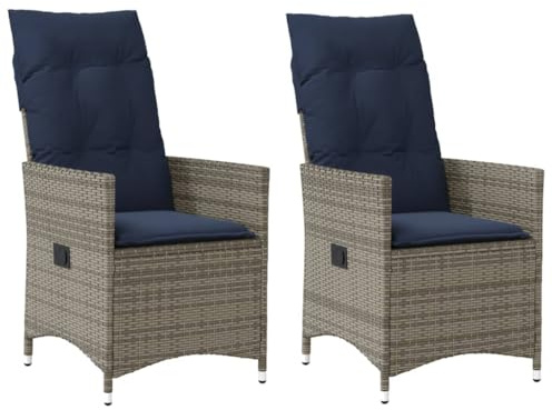 IBUQDDV Verstellbare Gartenstühle 2 STK. mit Grauen Kissen aus Poly Rattan, Langlebige PE-Rattan Sessel mit Verstellbarer Rückenlehne und Abnehmbaren Bezügen für Terrasse und Balkon,