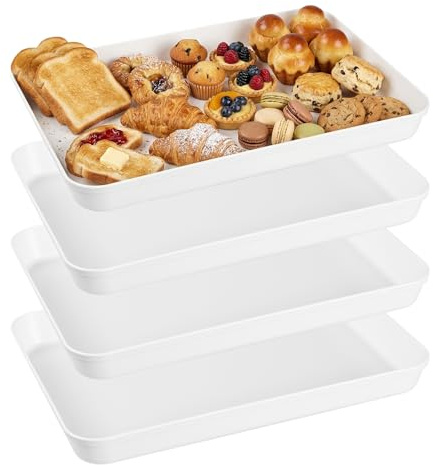 4 Pcs Bandeja Plastico Rectangular, Bandejas para Servir Comida, Bandeja Plastico Grande Blancas para Servir, Desayuno, merienda, café (38 x 26,5 x 4 cm)