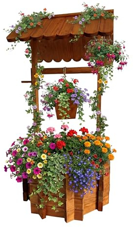 Relaxdays Zierbrunnen, bepflanzbarer Dekobrunnen, Gartendeko, Eimer & Kurbel, HBT 114 x 56 x 56 cm, Holzbrunnen, orange