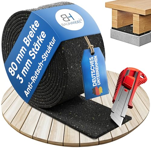 BH BAUHANDEL24 Terrassenpads Rolle Bautenschutzmatte 10 m x 80 mm x 3 mm | Gummigranulatmatte als Gummimatte für den Außenbereich – zuschneidbare Meterware für die Terrassen Unterkonstruktion