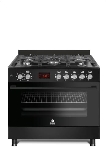 Gasline Gas-Standherd mit Elektro Backofen GAG90GOBEEL mit 1-fach-Teleskopauszug, Schwarz, Vollzündsicherung, 90 cm breit mit WOK Brenner und Drehspieß