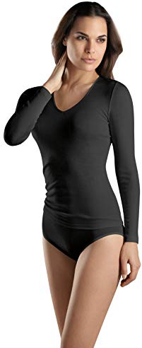 HANRO Damen Langarm-V-Neck Shirt Arm Woolen Silk, Schwarz (black 0018), 42/44 (Herstellergröße: M)