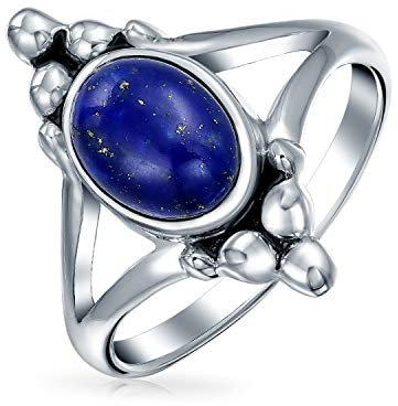 Boho Bali Stil Oval Erklärung Blauer Lapislazuli Edelstein Ring Für Teenager Split Shank Band Oxidiert .925 Sterling Silber