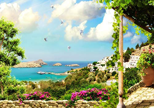 wandmotiv24 Fototapete Terrasse Meer-blick, XL 350 x 245 cm - 7 Teile, Wanddeko, Wandbild, Wandtapete, Finca, Aussicht, ausblick, Fresko M1077