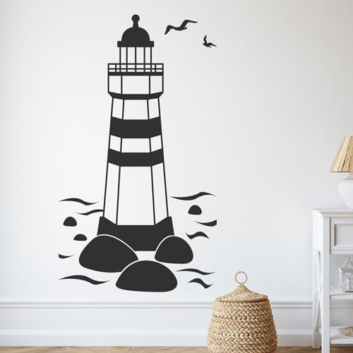GRAZDesign Wandtattoo Badezimmer Leuchtturm, Wandaufkleber Aufkleber maritim, Wohnzimmer Flur wasserfest und selbstklebend, 53x30cm (HxB), 070 schwarz