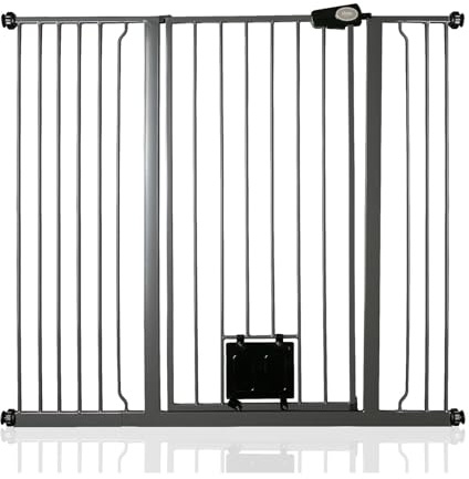 Bettacare Pet Gate with Lockable Cat Flap, 120.3cm - 127.9cm, Slate Grey, 104cm in Height, Extra Tall Dog Safety Barrier with Cat Flap, Easy Installation