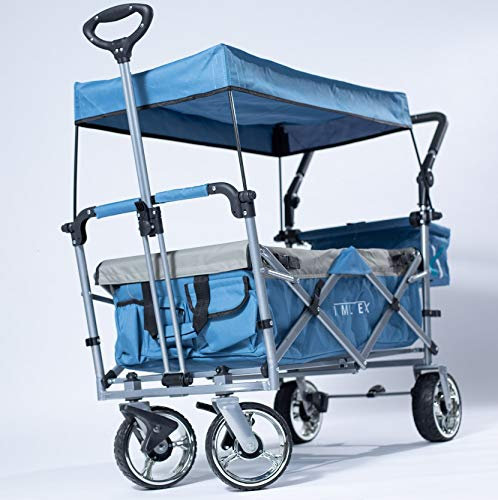 IMLEX Bollerwagen faltbar mit Dach IM-4268 Blau | Hohe Stabilität, 1X 3-Punkt Gurtsystem | Handwagen klappbar mit Schiebegriff ideal für 2 Kinder
