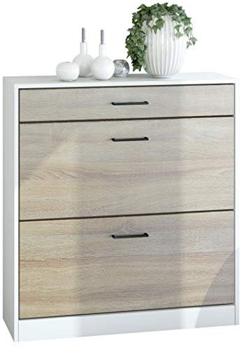 Vladon Mobiletto scarpiera Elvas 89 x 95,5 x 27 cm, Struttura in bianco opaco, Frontale in rovere grezzo | Molteplici opzioni di colore