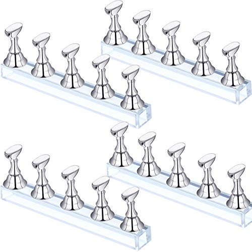 4 Sets Acrylic Nail Display Stand Nail Holder Magnetic Nail Practice Stand Fingernail DIY Nail Design Stand for False Nail Manicure Tool (Silver)