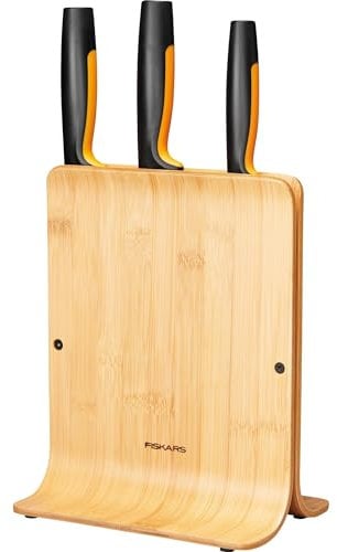 Fiskars Ceppo per coltelli di design in bambù con 3 coltelli, Functional Form, Incl. Spelucchino, Coltello Santoku e Coltello da cuoco, Plastica, Bambù, 1057553