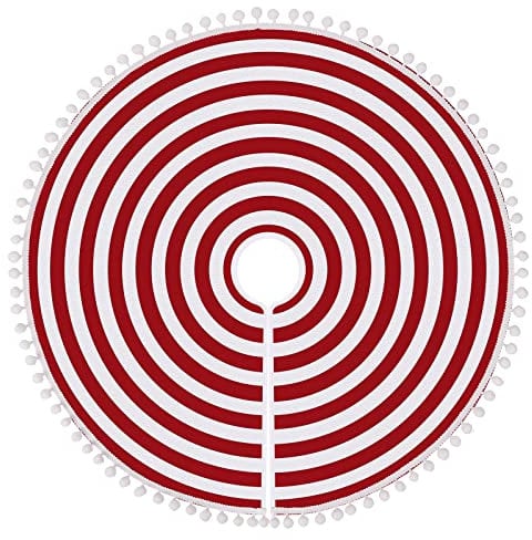 MACTING Christmas Tree Skirt, 30 Inches Red and White Stripes Tree Mat with Small Pom Poms Edge for Xmas Tree Christmas Decoration
