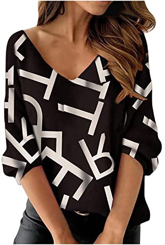 Masrin Trendige Oberteile Damen Lässiger Pullover mit Federdruck Tunika Tops mit V Ausschnitt und Langen Ärmeln Frühlings Fall Leicht Langarmshirts Lockere Bequeme Bluse