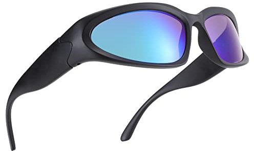 COASION Wrap Around Sonnenbrille für Damen Herren Vintage Sportbrille Radsportbrillen Fahrerbrille mit UV400 Schutz(A4 Mattschwarz/Grün gespiegelt)