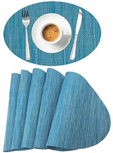 LYPER Ovale Tischsets für Esstisch, Set mit 6 ovalen dekorativen Tischsets aus Bambusimitat, gewebte Vinyl-Kunststoff-Tischsets, rutschfeste, wärmeisolierende, schmutzabweisende Matten, waschbar