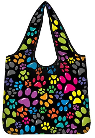 Kuiaobaty Umweltfreundliche Einkaufstasche, faltbar, Einkaufstasche mit kleiner Tasche, große Aufbewahrungstasche für Reisen, Bunte Hundepfoten, Large