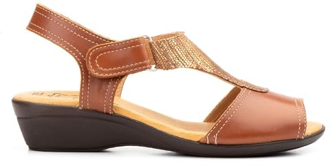 Sandales Femme en Cuir Fabriquées en Espagne, Bride Scratch Ajustable | Semelle Antidérapante en Caoutchouc, Talon Compensé Bas, Chaussures d’Été Confortables pour Marche et Usage Quotidien