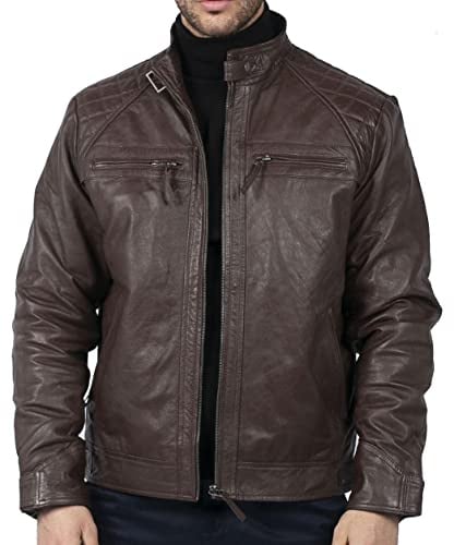 TruClothing Men's Biker Jacket Outwear Windproof Winter Motorcycle Rider Real Leather Jackets Coat Retro - Brown Coco M