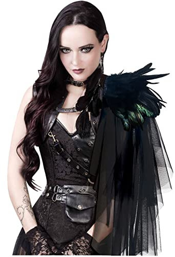 keland Steampunk Natürliche Feder Unregelmäßige Mesh Epaulet Shrug Schulterklappen Halloween Kostüme (Schwarz-001)
