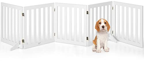 COSTWAY Absperrgitter Hunde 60cm Hoch, Schutzgitter Holz, Kindergitter klappbar, Treppengitter Hundeabsperrgitter flexibel Türschutzgitter (5 Paneelen, Weiß)