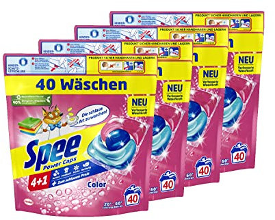 Spee Power Caps Color 4 + 1, 160 WL (4 x 40 Waschladungen), Colorwaschmittel für Buntwäsche & Dunkles, vordosiertes Waschmittel vereint Reinheit, Strahlkraft, Frische & Nachhaltigkeit