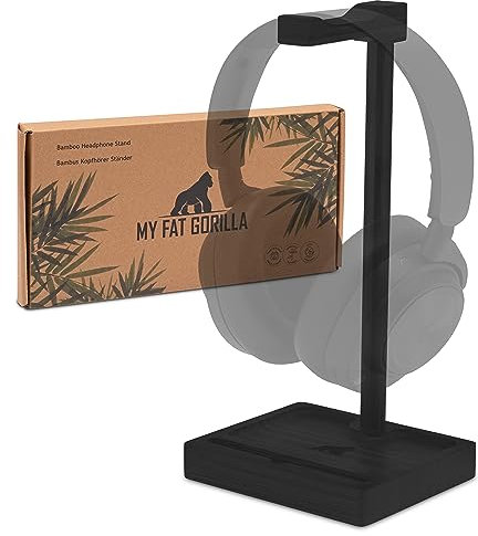 MY FAT GORILLA Kopfhörer Ständer aus Bambus, Kopfhörer Halter mit Smartphone Ständer, Headset Ständer mit Ablage, Headphone Stand aus Holz, nachhaltiger Kopfhörerständer, Kopfhörerhalter Schwarz