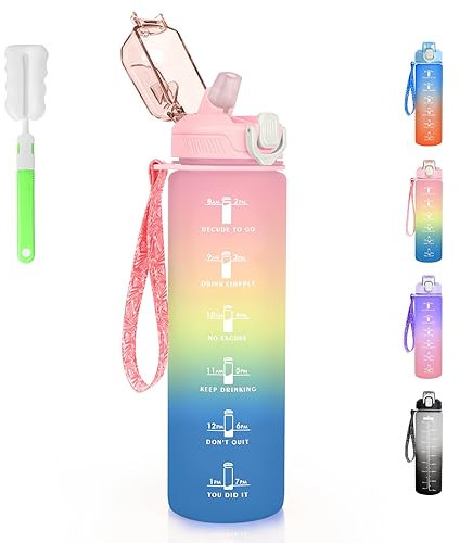 CS COSDDI Trinkflasche 1l, Wasserflasche Auslaufsicher BPA-Frei, 1000ml Sport Trinkflasche mit Strohhalm und Zeitmarkierung, Water Bottle Sportflasche für Fahrrad, Camping, Gym, Outdoor (Rosa Blau)