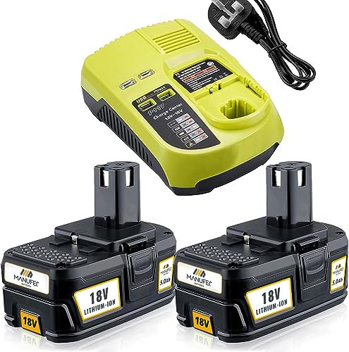 (New Upgrade)2Pack P108 RB18L50 18V 5.0Ah Li-ion Replacement for Ryobi 18v Battery One & P117 Dual Chemistry IntelliPort Battery Charger Li-Ion replacement for Ryobi Battery P102 P105 P107 P108