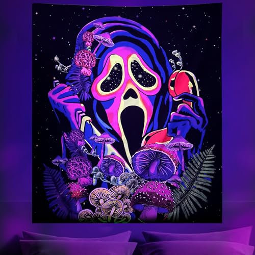 Cyiecw Schwarzlicht Wandteppich Aesthetic,UV Reaktive Pilz Skelett Schädel Deko Tapestry,Fluoreszierend Pflanzen Sternenhimmel Wandtuch,Wandbehang Schlafzimmer Wohnzimmer Dekoration(150 * 130cm)