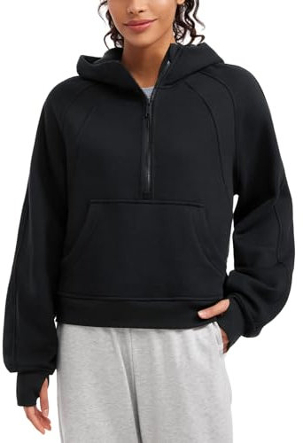 CRZ YOGA Damen Fleece Gefüttert Hoodie 1/2 Reißverschluss Kapuzenpullover Taschen Workout Langarm Hoody Pullover mit Daumenloch Schwarz 40