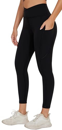 AGONVIN Yoga-Leggings mit überkreuzter Taille für Damen, weiche Sportstrumpfhose mit Tasche Schwarz M