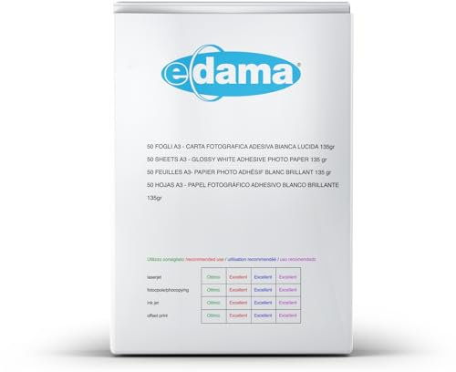 e-dama 50 hojas adhesivas imprimibles A3 (297 x 420 mm), papel fotográfico adhesivo brillante para impresión Inkjet, blanco