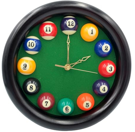 Yuanhe Billard-Poolkugeluhr – 27,9 cm, runde Billardtisch-Wanduhr mit Holzrahmen, ideal für Billardzimmer, Poolzimmer, Spielzimmer, Bar