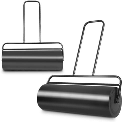 TANGZON 48L/60L/63L Steel Garden Lawn Roller, Water Sand Filled Outdoor Grass Roller with Removable Drain Plug, Scraper Bar, Heavy Duty Metal Lawn Push Rolling Tool (48L, Black)