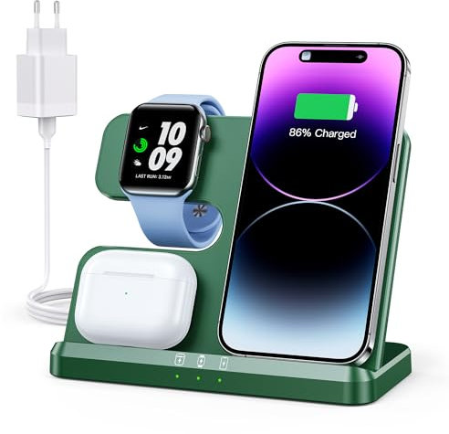 JARGOU Caricatore Wireless 3 in 1 Compatibile con iPhone 15 14 13 12 11 Pro Max/Mini/XR/8, Stazione di Ricarica Wireless per Apple Watch 9/Ultra 2/SE/8/7/6/5/4/3, Wireless Charger per Air-Pods Pro/3/2