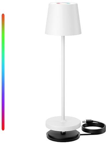 Keepoo Tischlampe Kabellos Dimmbare LED Akku Tischleuchte, Wiederaufladbar Warme Lichtfarbe 3000K+RGB Aluminium Outdoor Tischlampe wasserdicht für Restaurant,Schlafzimmer,Bar,IP54 (Weiß 1 Stück)