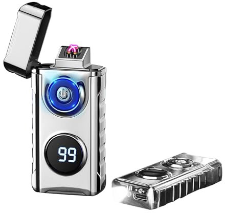 TIKIUKI Mechero Electrico Recargable Doble Arco Encendedor Resistente Al Viento Encendedor Vela con Pantalla Nivel Bateria Adecuado Acampar Al Aire Libre (Plateado)