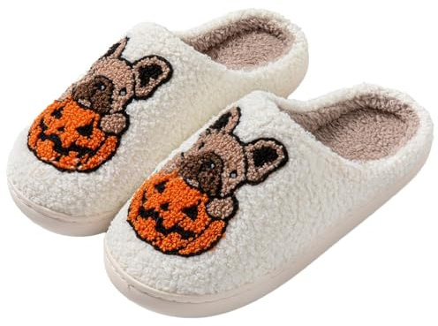 NIBESSER Pantofole Invernali Donna Pelose Calde Ciabatte Uomo Invernali con Pelo Morbide Ciabatte Casa Pantofole Peluche Donna Antiscivolo Slippers, Bulldog e Zucca Bianco, 40/41 EU