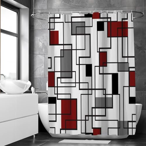 TACOKI 3D Duschvorhang 180x180 Rot Schwarz Duschvorhang Grau Weiß Bad Vorhang Antischimmel Wasserdicht Duschvorhänge Textil Polyester für Badezimmer Badewannen mit 12 Haken #1964