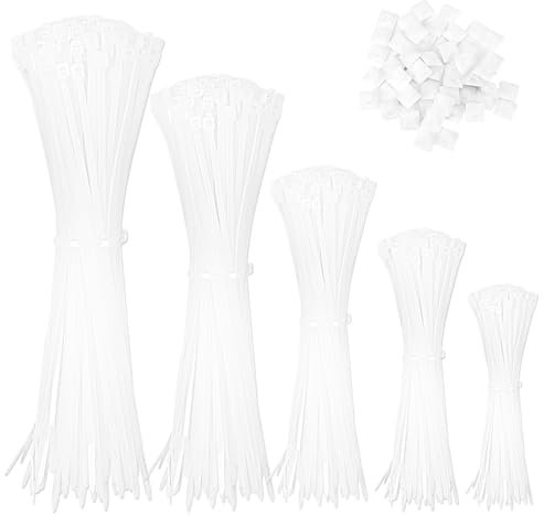 1000 fascette stringicavo bianco 100/150/200/250/300 mm e 50 basi adesive, resistenti ai raggi UV, resistenti alle temperature per gestione dei cavi, giardinaggio, residenze e officine