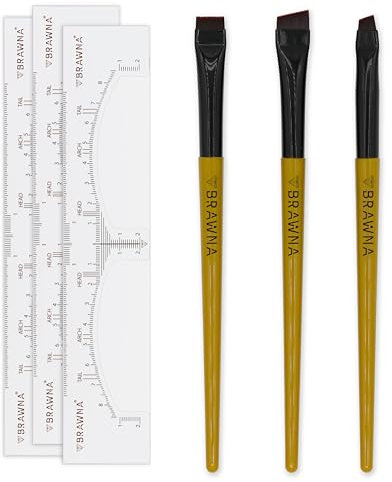 BRAWNA Lot de 3 pinceaux à sourcils avec règle à sourcils – Pinceaux de maquillage biseautés de précision – Cartographie des sourcils et des lèvres – Pinceau plat anti-cernes – Pinceau liner pour gel,