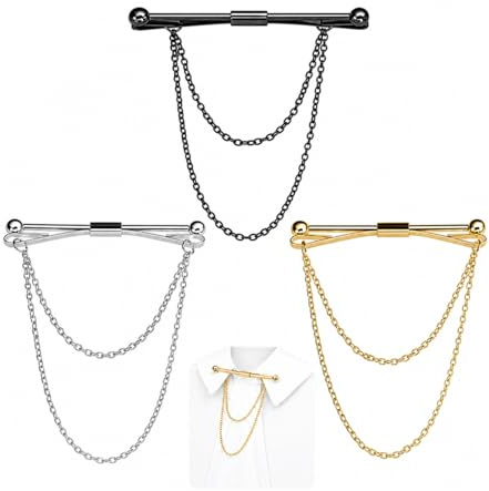 BRIOTA 3 Stück Kragen Bar Pins, Krawatte Kragen Pin, Kragen Bar Mit Kette, Klassischer Metall Krawattenklammern, für JubiläUm,Party,Verabredung,Hochzeit (Schwarz, Gold, Silber)