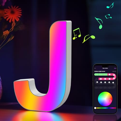 Light Up Letters Marquee Letter LED Lights Music Sync RGB Color Changing | Letter Logo Gaming Lights Home Decor for Girls Women Party Birthday Christmas Valentine's Day Wall Desktop Decoration - J