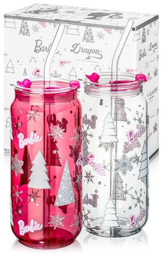 Dragon Glassware x Barbie Christmas Drinking Glasses - 20 oz Glass Cups with Lids and Straws Set of 2 - Pink Iced Coffee Cups with Lids - Reusable Glass Tumbler with Straw and Lid