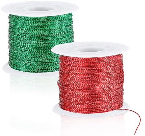 JUNEBRUSHS 218 Yards Weihnachts-Metallschnur, Weihnachtskordel, Goldschnur, Aufhänger zum Basteln, Band, Metallschnur für Ornamente, Hängedekoration, Schmuckherstellung, Geschenkpapier (Rot, Grün)