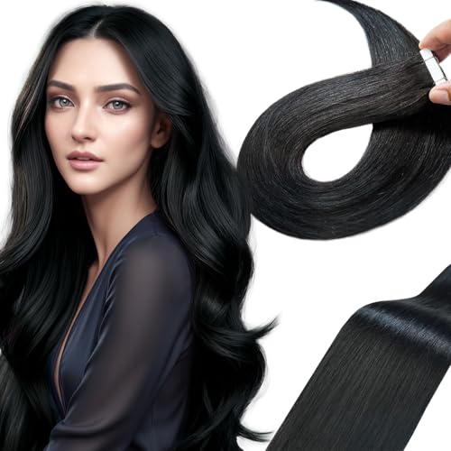 LieblichWelle Tape Extensions Echthaar Tiefschwarz 50cm, 20Stück, 50g/Packung, Salon-Klasse Qualität, Einfaches und Angenehmes Tragen für Junge Frauen (Tiefschwarz, 50 cm)