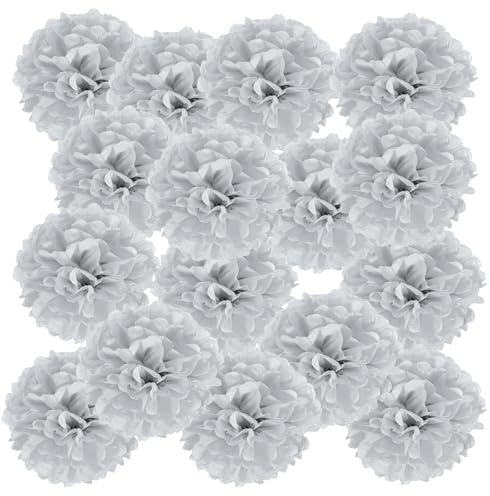 PATIKIL 20 Stück 10 cm Pom Poms Papier Blumen, Papierblumen Hochzeitsdeko Seidenpapier für Hochzeit Brautdusche Blumenkugel Geburtstagsparty Hintergrund Dekoration, Silber