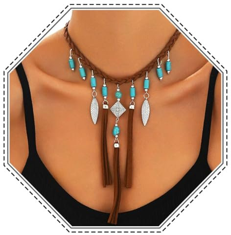 Jovono Damen Boho Türkis Anhänger Halskette Lange Feder Quaste Geschichtete Cowgirl Braun Gewebt Choker Halskette für Frauen, Einheitsgröße, Kunststoff, Kein Edelstein