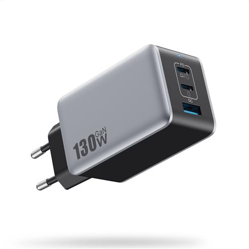 130W USB C Ladegerät, GaN IV 3-Port USB Netzteil, 65W Schnellladegerät Mehrfach PD QC PPS Ladestecker Type C Adapter für MacBook Pro, iPhone 16/15/14, iPad Pro, SteamDeck, Galaxy S23, Dell-Schwarz