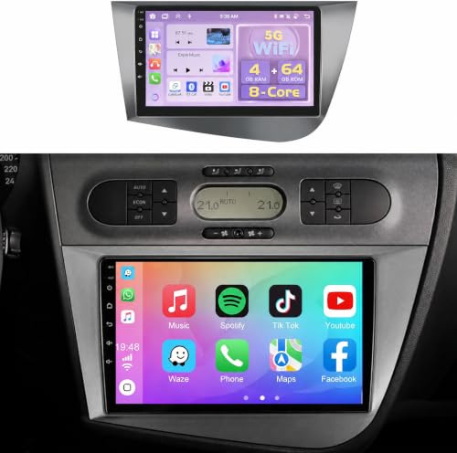 Fuluku 8 Core 4+64G Android Radio Coche para Seat Leon MK2 2005-2012 Inalámbrico Carplay Android Auto MirrorLink, 9 Pantalla Táctil Radio WiFi/Bluetooth 5.0/GPS/Cámara Seguridad/FM/SWC/32EQ