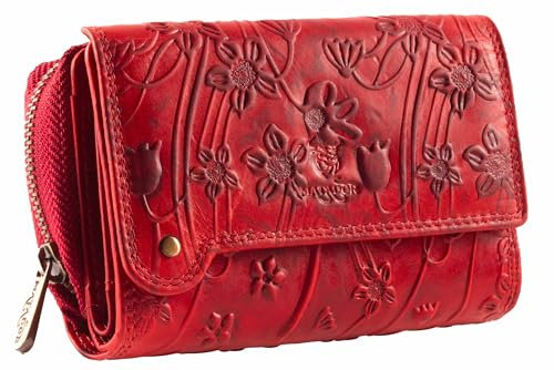 MATADOR Leder Portemonnaie Damen Mittelgroß #Perth mit edler Geschenkverpackung, Leder Geldbörse Damen Mittelgroß Querformat, Geldtasche Frauen, RFID Geldbeutel Blumen Rot